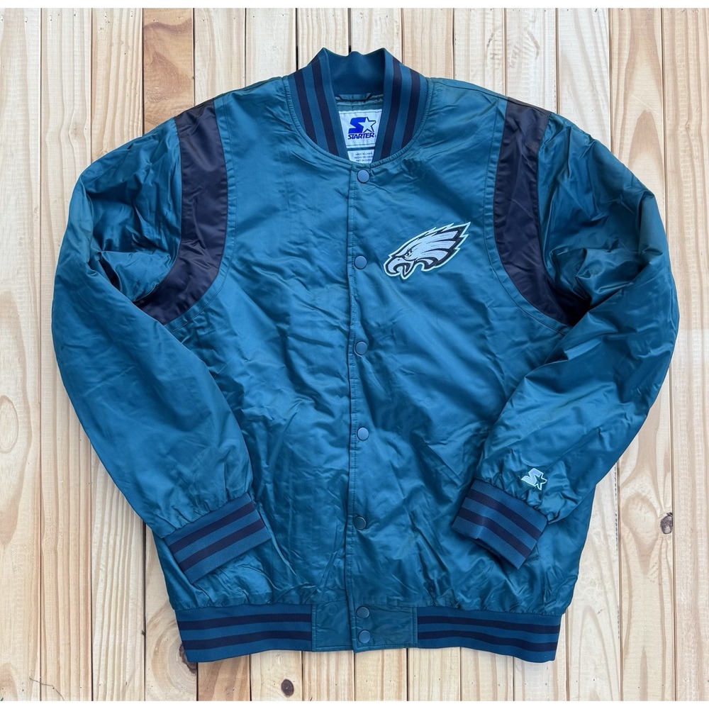 Vintage Philadelphia Eagles Starter Satin Bomber Jacket Midnight Green ‎ Large
